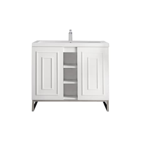 James Martin Vanities Alicante 39.5in Single Vanity, Glossy White, Brushed Nickel w/ White Glossy Composite Stone Top E110V39.5GWBNKWG